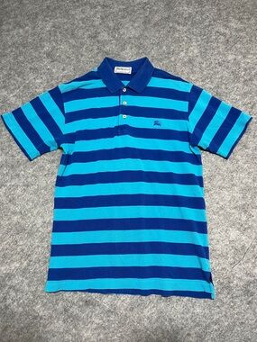 Vintage Burberry Blue and Aqua Striped Polo Shirt
